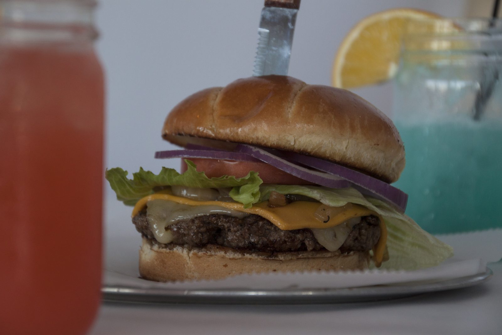 Classic Manitou smash burger with all the fixings